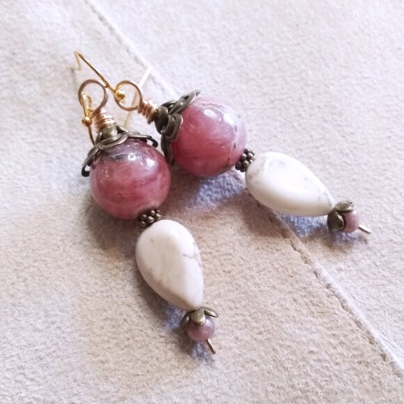 Uniquely Handmade + One-of-a-kind Dangle Earrings! Huge Pink Rhodochrosite Beads - Picture 6 of 10